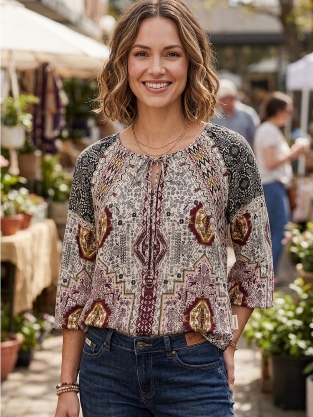 Tribal jeans Boho Printed Tie-Neck Women’s Top in Cream and Burgundy